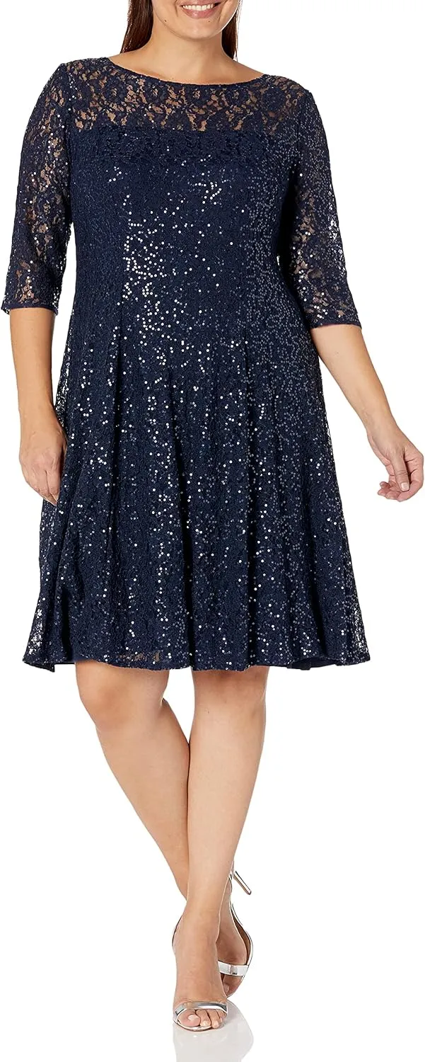 S.L. Fashions Women's Plus Size Lace and Sequin Fit and Flare Dress