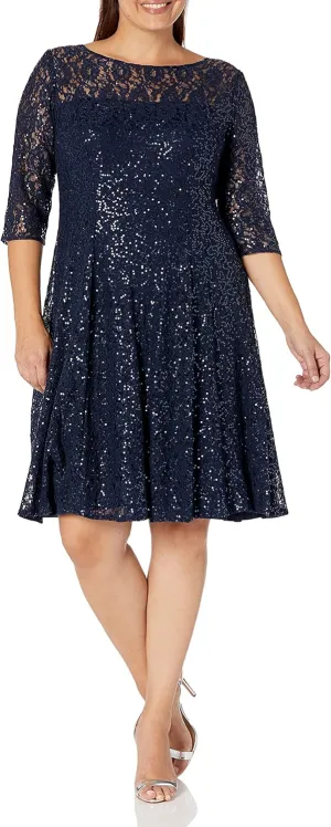 S.L. Fashions Women's Plus Size Lace and Sequin Fit and Flare Dress