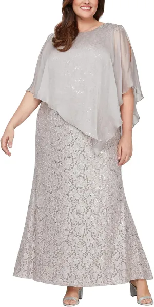 S.L. Fashions Women's Plus Size Long Length Sequin Lace Beaded Capelet Mother of The Bride Dress, Formal Evening Gown