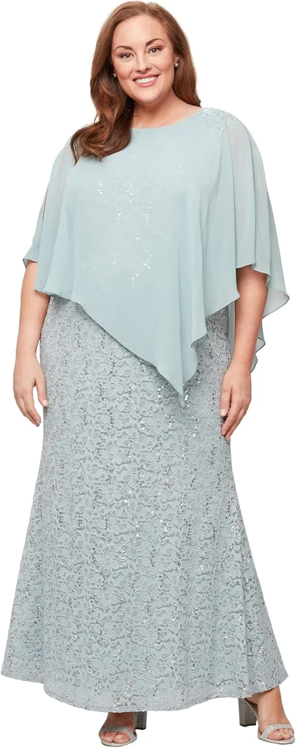 S.L. Fashions Women's Plus Size Long Length Sequin Lace Beaded Capelet Mother of The Bride Dress, Formal Evening Gown