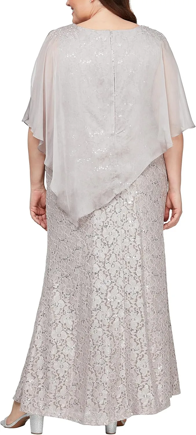 S.L. Fashions Women's Plus Size Long Length Sequin Lace Beaded Capelet Mother of The Bride Dress, Formal Evening Gown