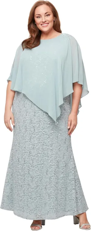 S.L. Fashions Women's Plus Size Long Length Sequin Lace Beaded Capelet Mother of The Bride Dress, Formal Evening Gown