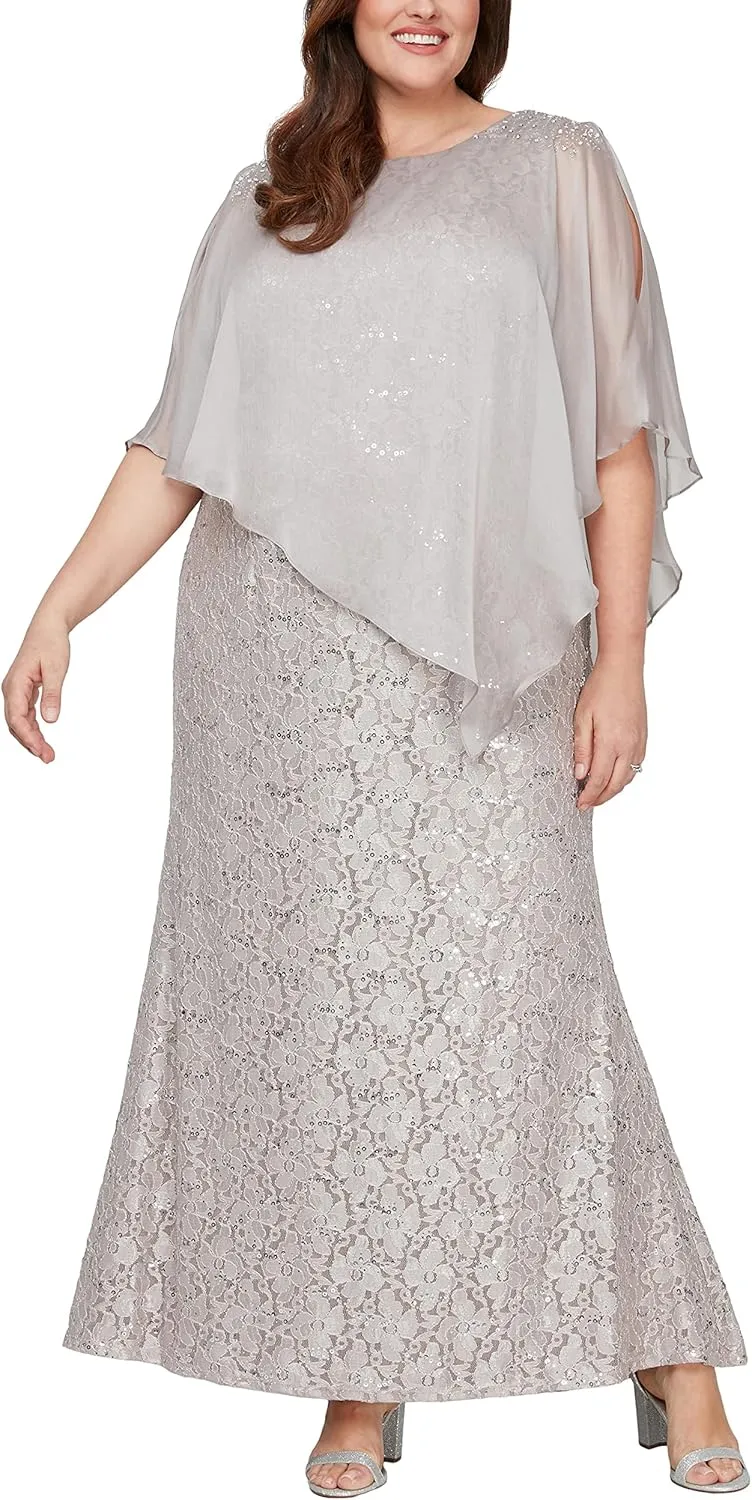 S.L. Fashions Women's Plus Size Long Length Sequin Lace Beaded Capelet Mother of The Bride Dress, Formal Evening Gown