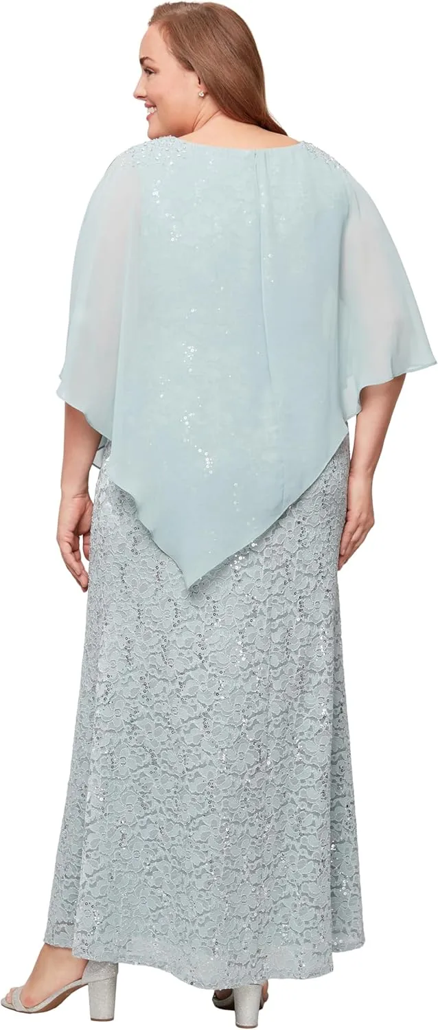 S.L. Fashions Women's Plus Size Long Length Sequin Lace Beaded Capelet Mother of The Bride Dress, Formal Evening Gown