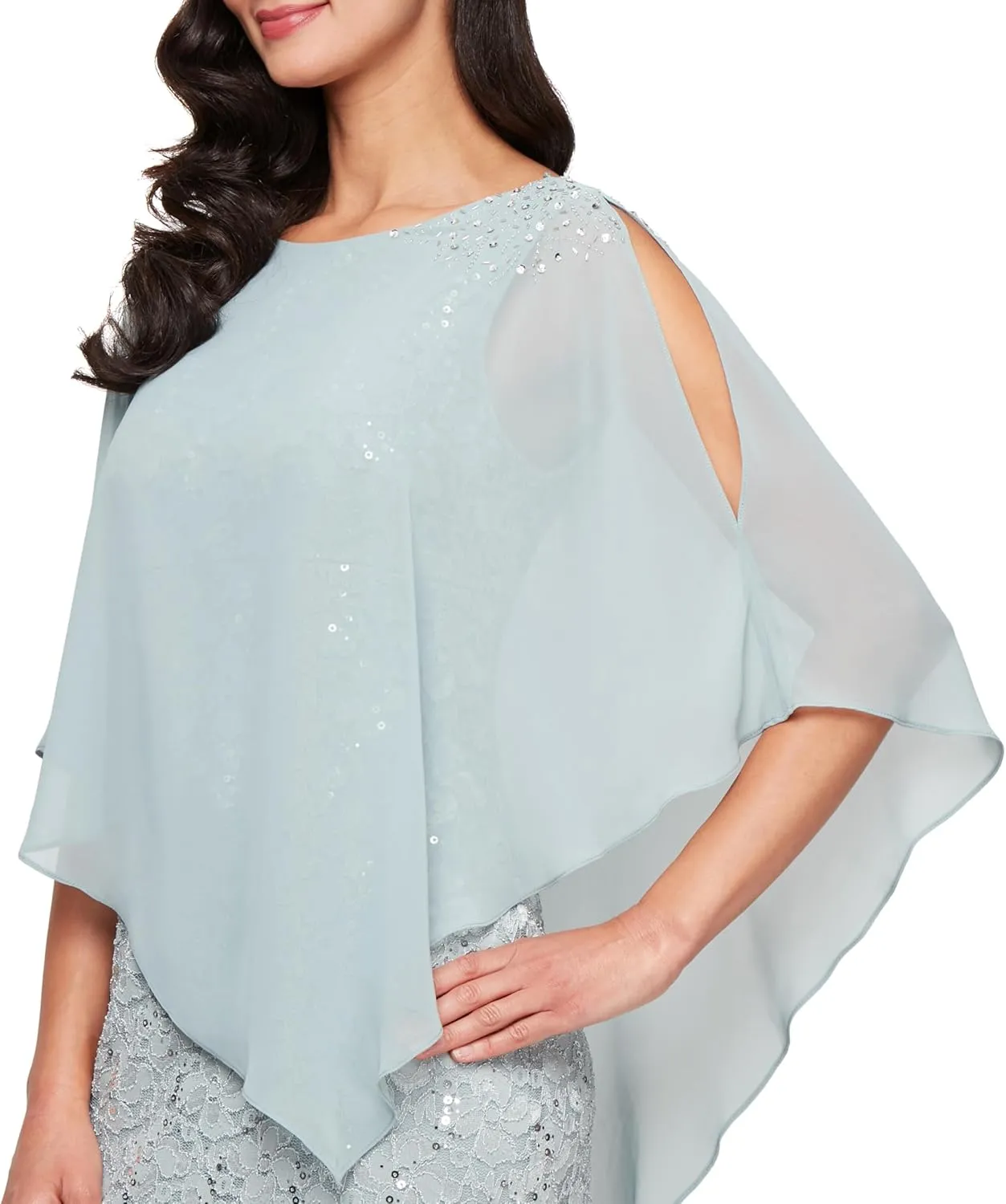 S.L. Fashions Women's Plus Size Long Length Sequin Lace Beaded Capelet Mother of The Bride Dress, Formal Evening Gown
