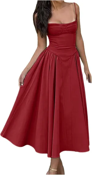 Sleeveless Corset Dress for Women 2025 Trendy Elegant Spaghetti Strap Midi Dress Flowy Pleated Hem Low Cut Prom Dresses