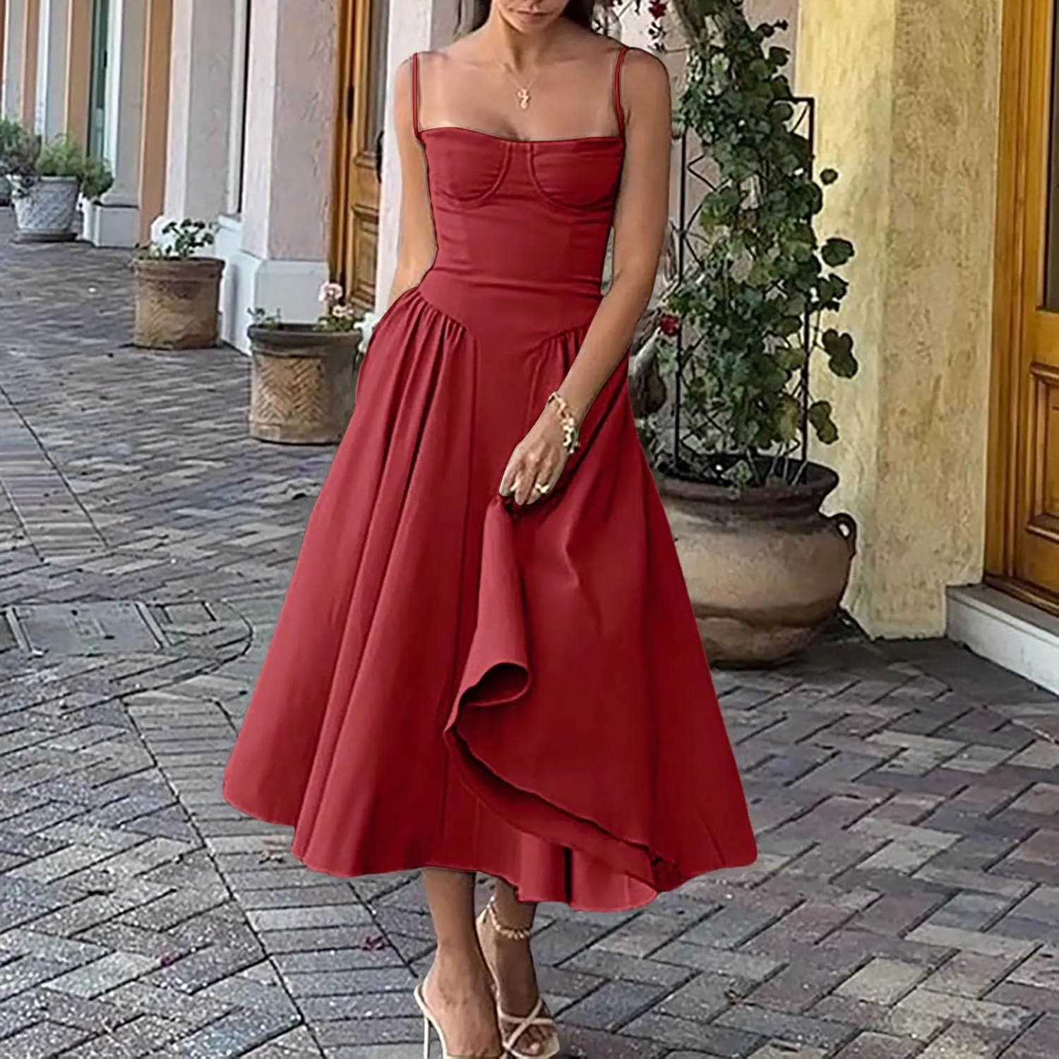 Sleeveless Corset Dress for Women 2025 Trendy Elegant Spaghetti Strap Midi Dress Flowy Pleated Hem Low Cut Prom Dresses