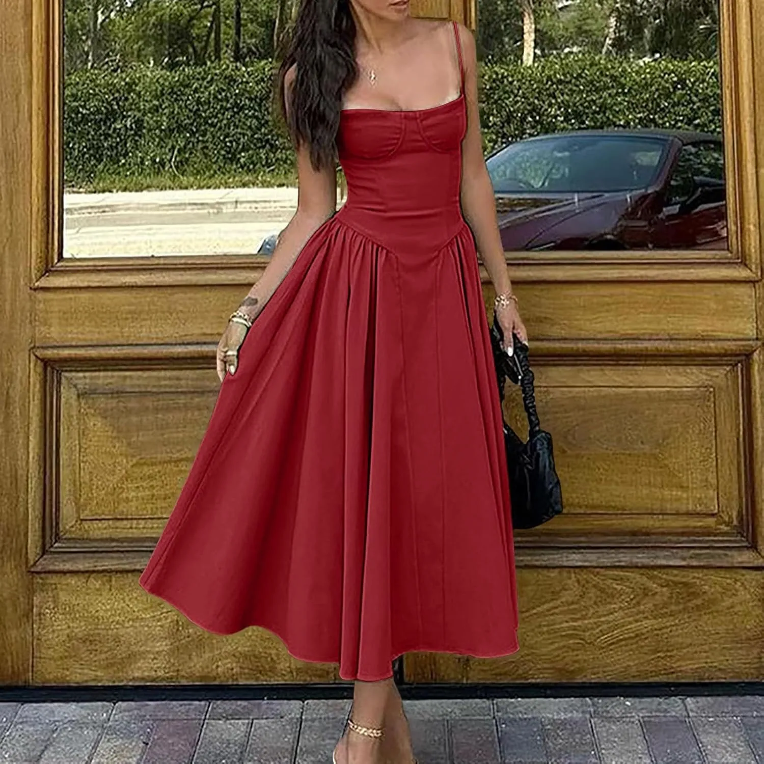 Sleeveless Corset Dress for Women 2025 Trendy Elegant Spaghetti Strap Midi Dress Flowy Pleated Hem Low Cut Prom Dresses
