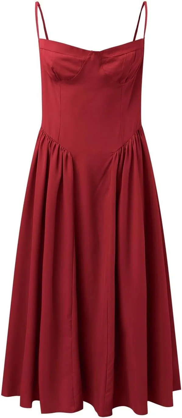Sleeveless Corset Dress for Women 2025 Trendy Elegant Spaghetti Strap Midi Dress Flowy Pleated Hem Low Cut Prom Dresses