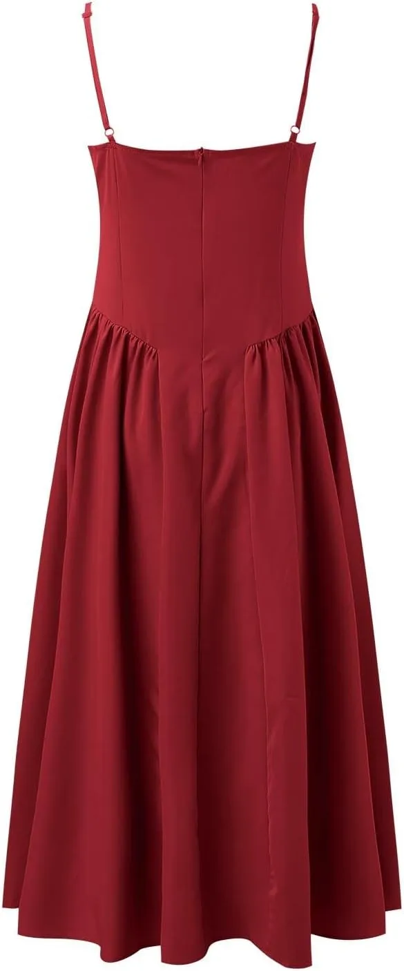 Sleeveless Corset Dress for Women 2025 Trendy Elegant Spaghetti Strap Midi Dress Flowy Pleated Hem Low Cut Prom Dresses