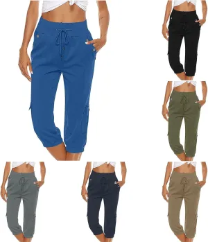 SMIDOW Capri Pants for Women Dressy Casual Drawstring Elastic High Waist Cotton Linen Trousers Active Running Sweatpants