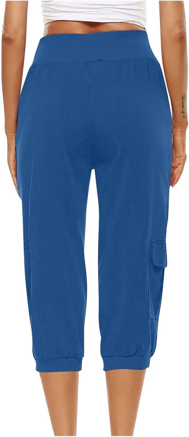 SMIDOW Capri Pants for Women Dressy Casual Drawstring Elastic High Waist Cotton Linen Trousers Active Running Sweatpants