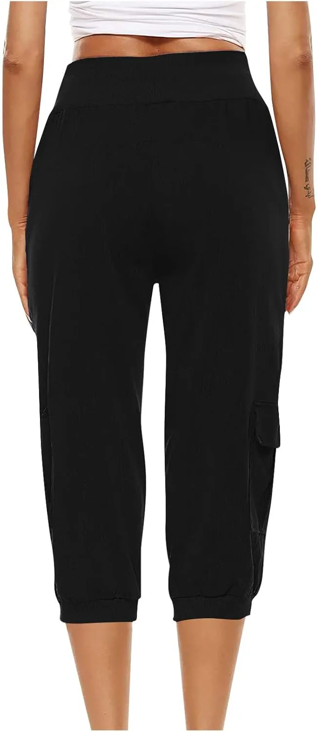 SMIDOW Capri Pants for Women Dressy Casual Drawstring Elastic High Waist Cotton Linen Trousers Active Running Sweatpants