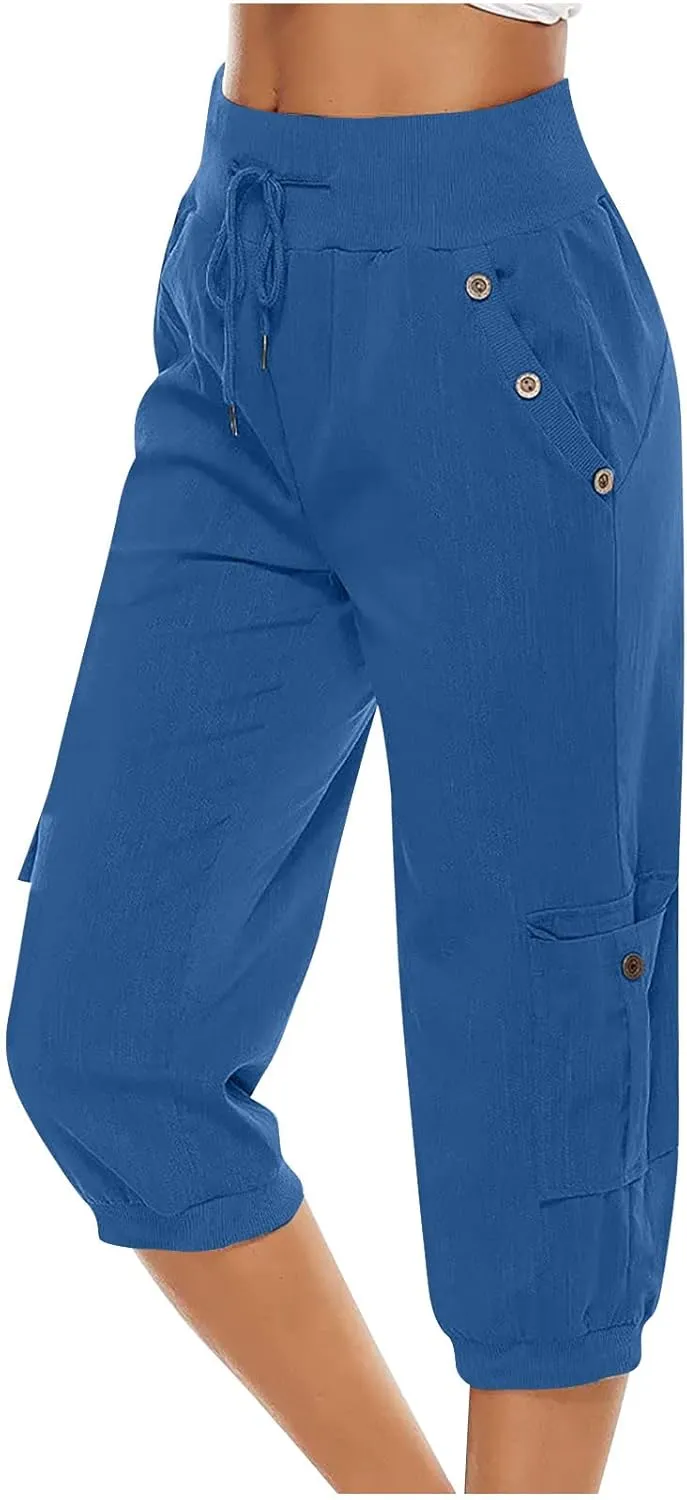 SMIDOW Capri Pants for Women Dressy Casual Drawstring Elastic High Waist Cotton Linen Trousers Active Running Sweatpants