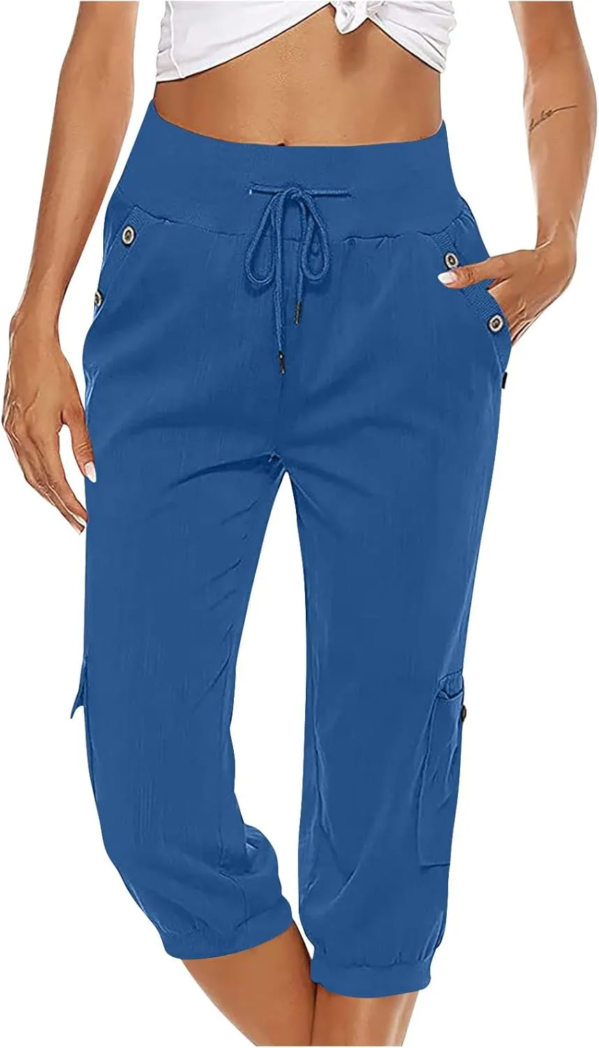 SMIDOW Capri Pants for Women Dressy Casual Drawstring Elastic High Waist Cotton Linen Trousers Active Running Sweatpants