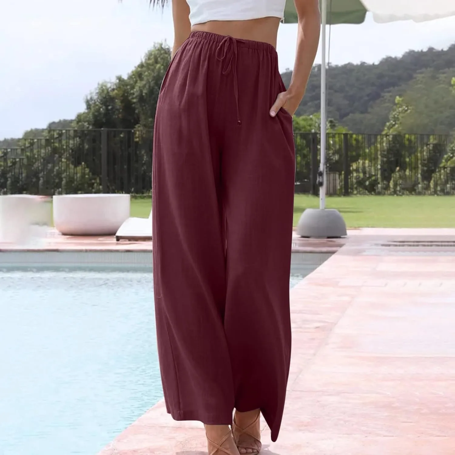 SMIDOW Linen Pants for Women Casual Loose High Waist Drawstring Trousers Wide Leg Baggy Long Pant with Pockets