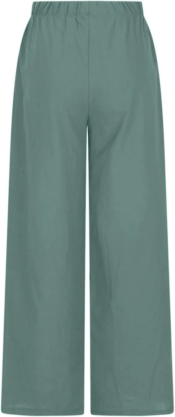 SMIDOW Linen Pants for Women Casual Loose High Waist Drawstring Trousers Wide Leg Baggy Long Pant with Pockets