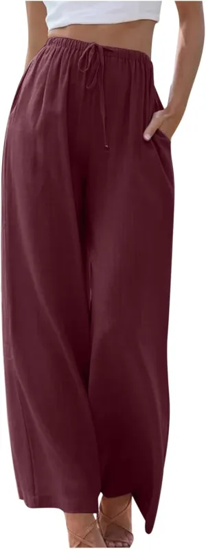 SMIDOW Linen Pants for Women Casual Loose High Waist Drawstring Trousers Wide Leg Baggy Long Pant with Pockets