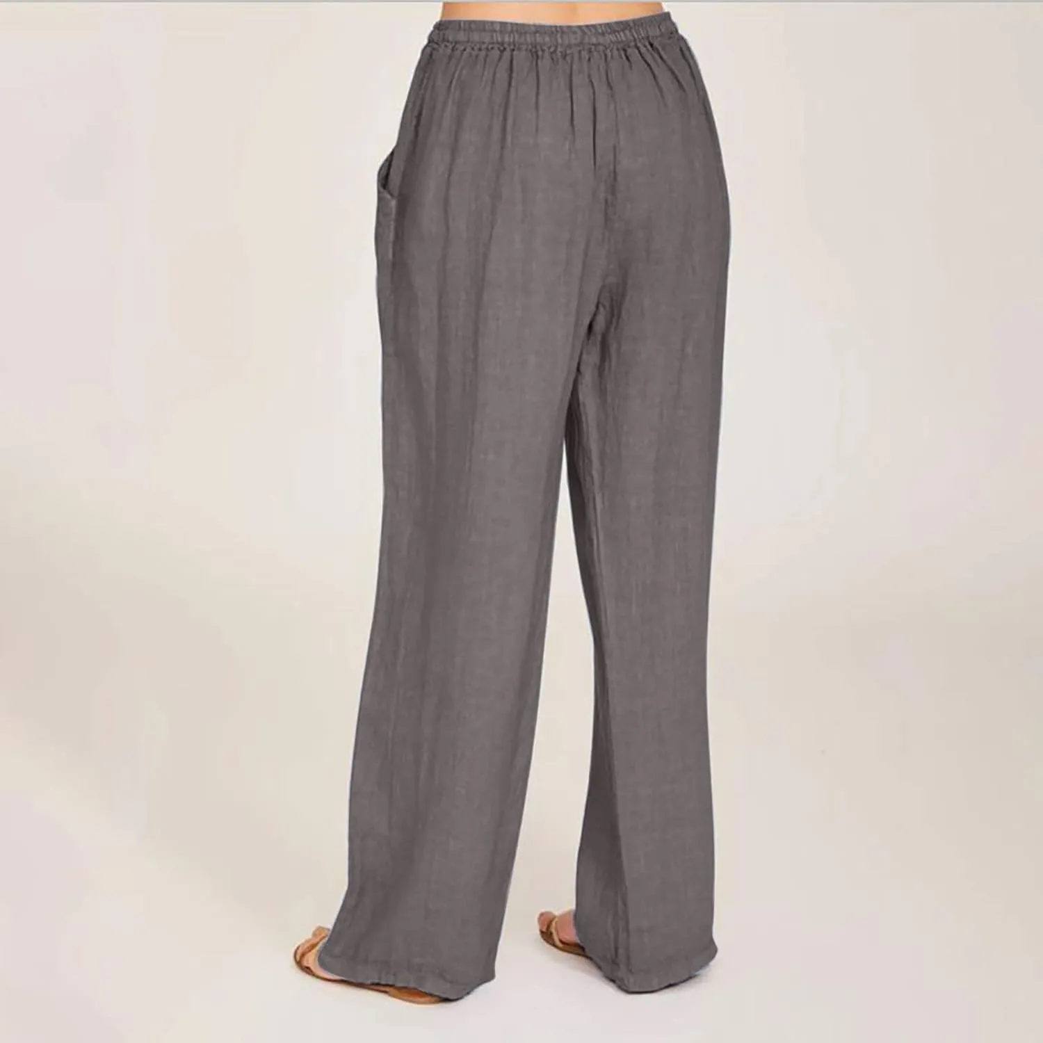 SMIDOW Summer Pants for Women 2023 Cotton Linen Elastic Waist Drawstring Wide Leg Ankle Length Lounge Pant with Pockets