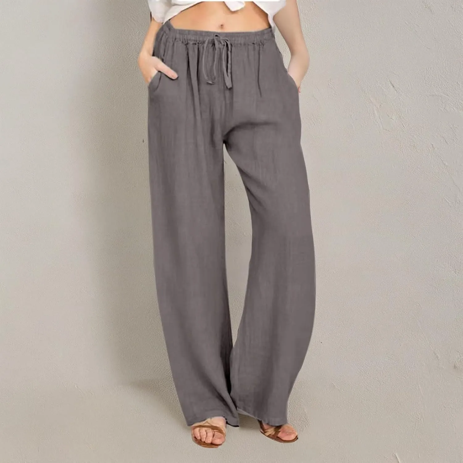 SMIDOW Summer Pants for Women 2023 Cotton Linen Elastic Waist Drawstring Wide Leg Ankle Length Lounge Pant with Pockets