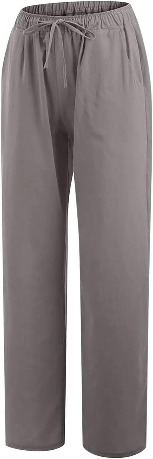 SMIDOW Summer Pants for Women 2023 Cotton Linen Elastic Waist Drawstring Wide Leg Ankle Length Lounge Pant with Pockets