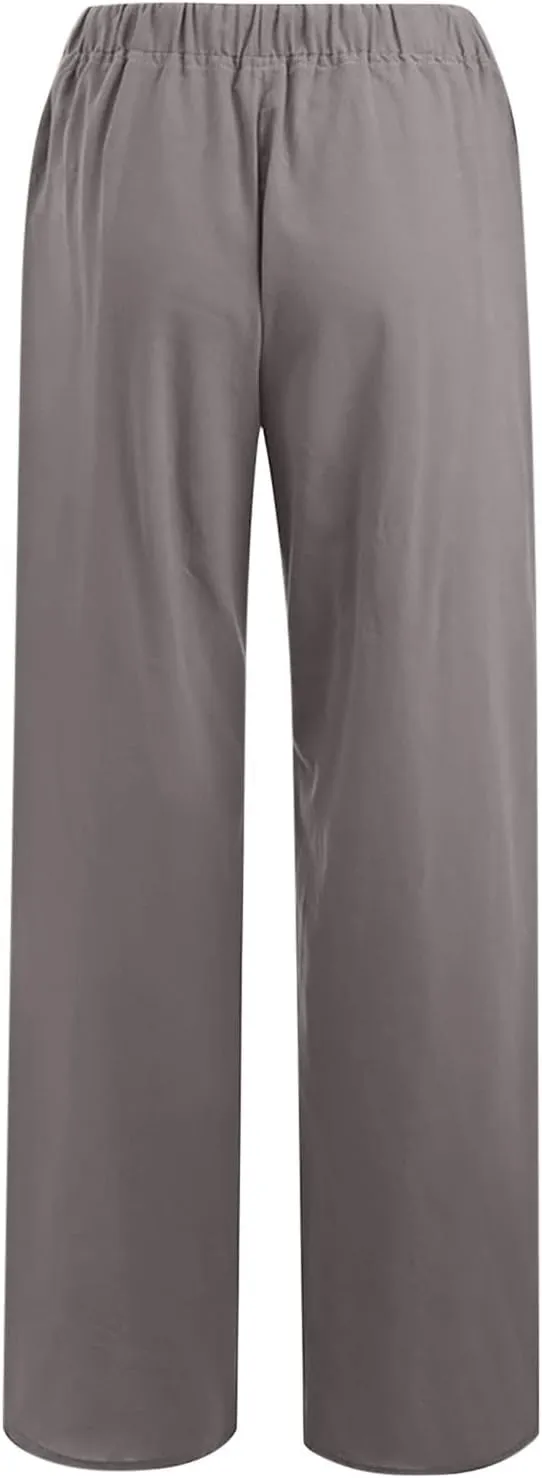SMIDOW Summer Pants for Women 2023 Cotton Linen Elastic Waist Drawstring Wide Leg Ankle Length Lounge Pant with Pockets