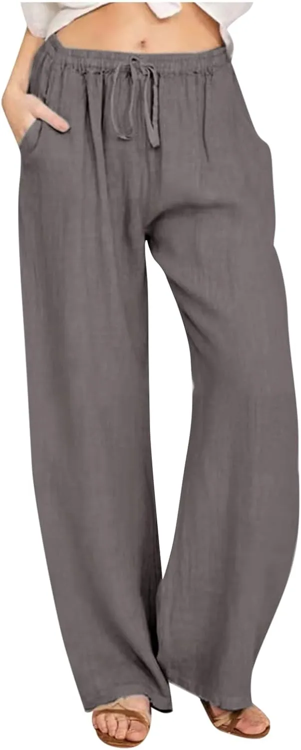 SMIDOW Summer Pants for Women 2023 Cotton Linen Elastic Waist Drawstring Wide Leg Ankle Length Lounge Pant with Pockets