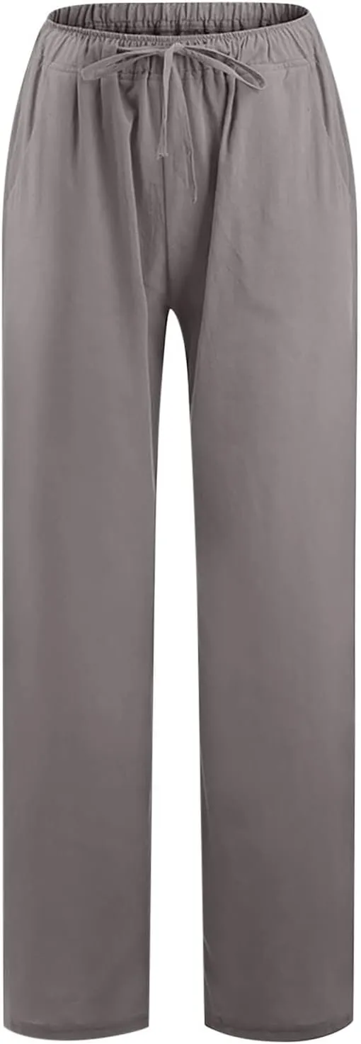 SMIDOW Summer Pants for Women 2023 Cotton Linen Elastic Waist Drawstring Wide Leg Ankle Length Lounge Pant with Pockets
