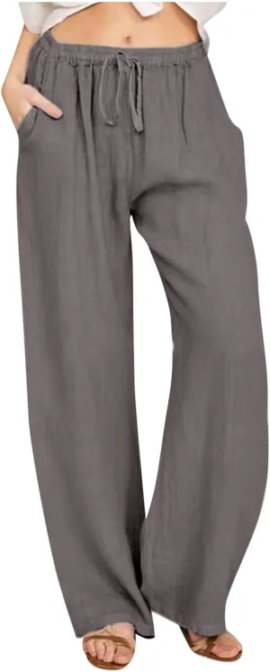 SMIDOW Summer Pants for Women 2023 Cotton Linen Elastic Waist Drawstring Wide Leg Ankle Length Lounge Pant with Pockets