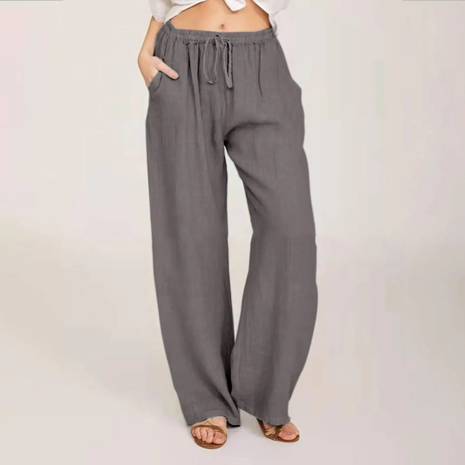SMIDOW Summer Pants for Women 2023 Cotton Linen Elastic Waist Drawstring Wide Leg Ankle Length Lounge Pant with Pockets