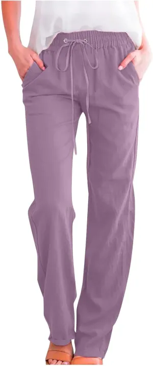 SMIDOW Womens Casual Straight Leg Pants Drawstring Elastic High Waisted Cotton Linen Pant Lounge Trousers Relax Fit