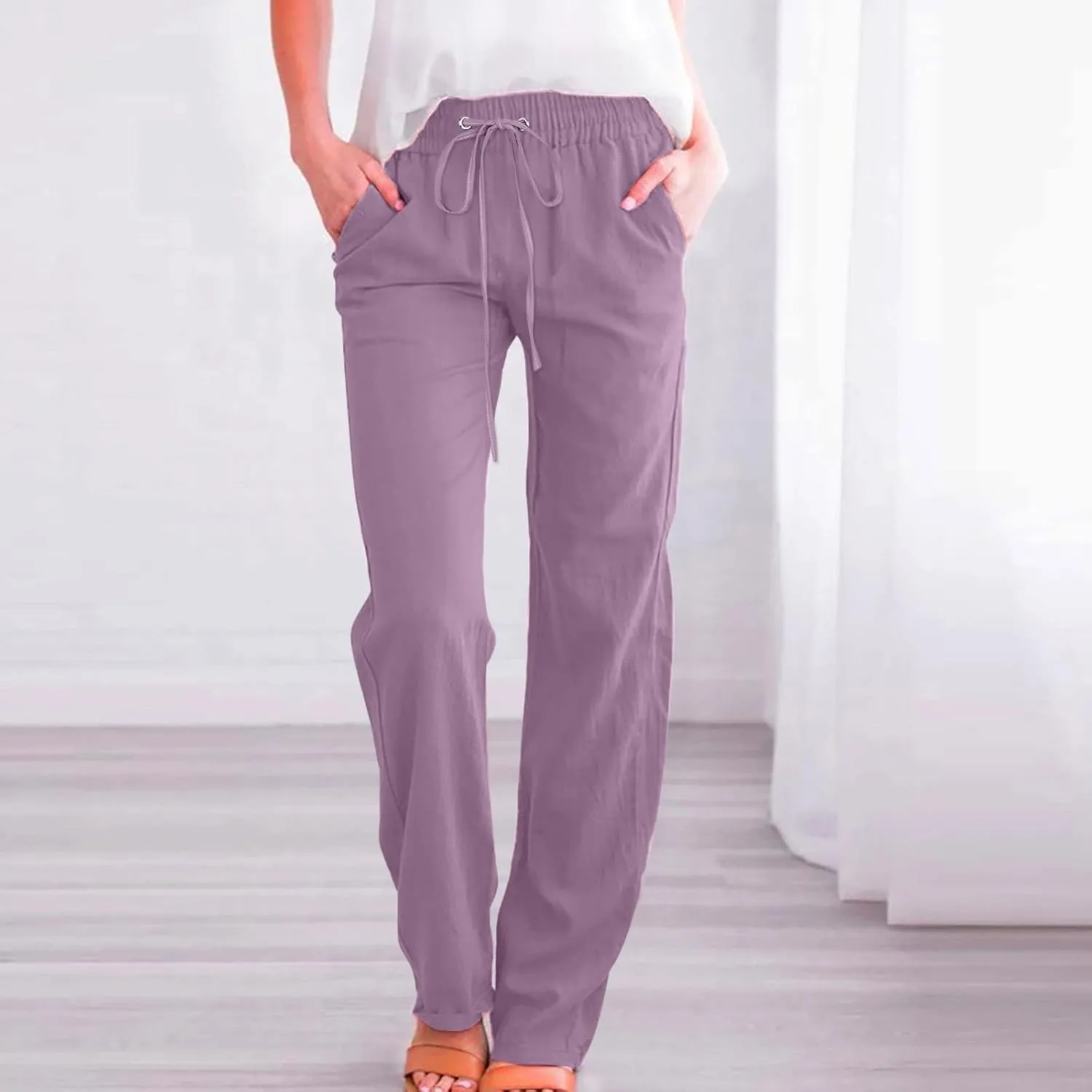 SMIDOW Womens Casual Straight Leg Pants Drawstring Elastic High Waisted Cotton Linen Pant Lounge Trousers Relax Fit