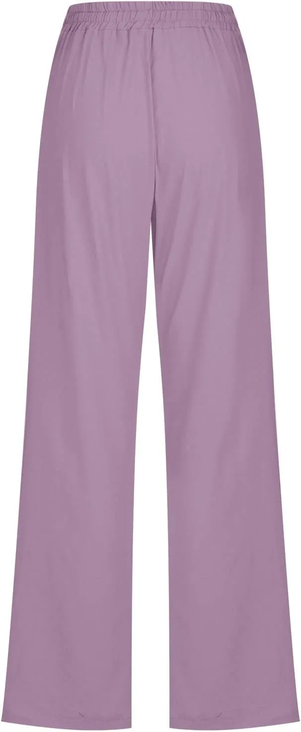 SMIDOW Womens Casual Straight Leg Pants Drawstring Elastic High Waisted Cotton Linen Pant Lounge Trousers Relax Fit