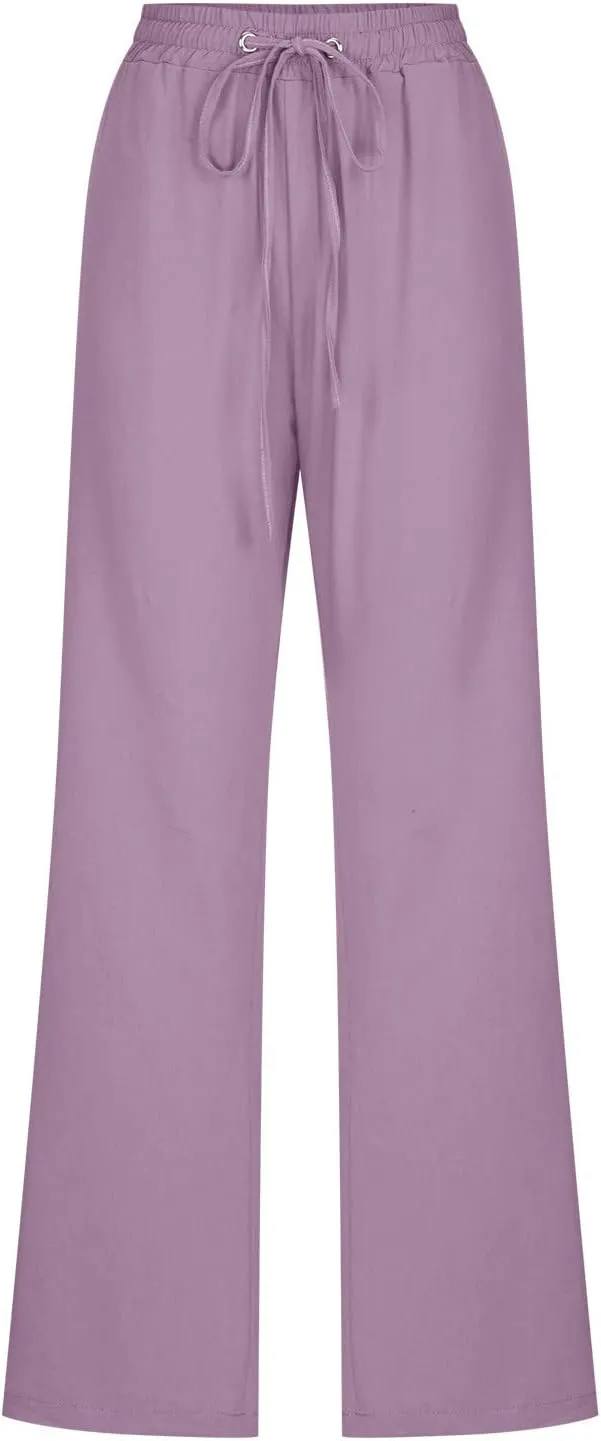 SMIDOW Womens Casual Straight Leg Pants Drawstring Elastic High Waisted Cotton Linen Pant Lounge Trousers Relax Fit