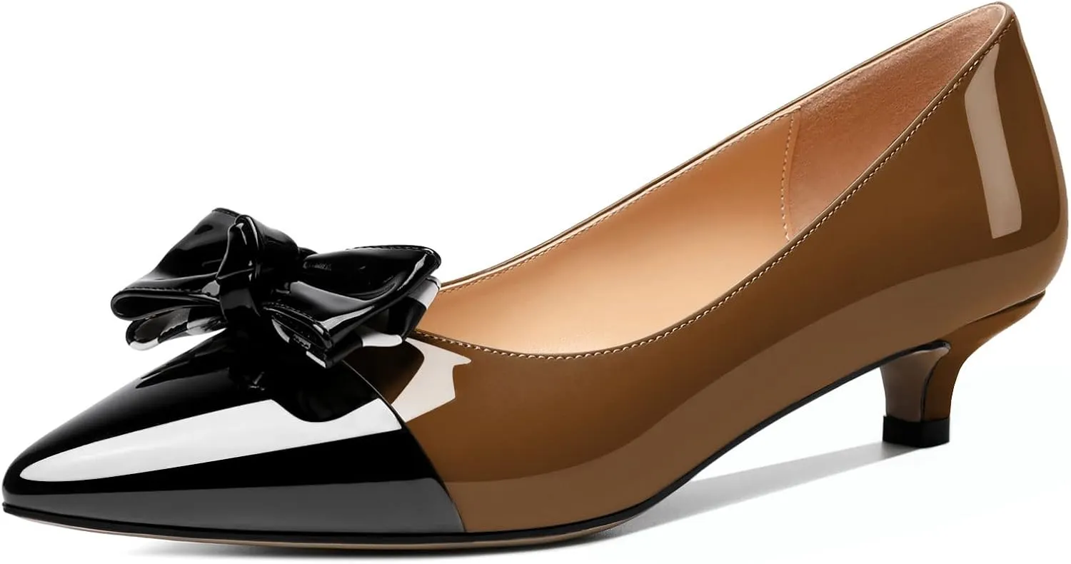Soireelady Kitten Heels for Women Pointed Toe Low Heel Pumps Slip on Bow Heels 1.5 Inches Two Toned Evening Bride Wedding Party Dress Shoes