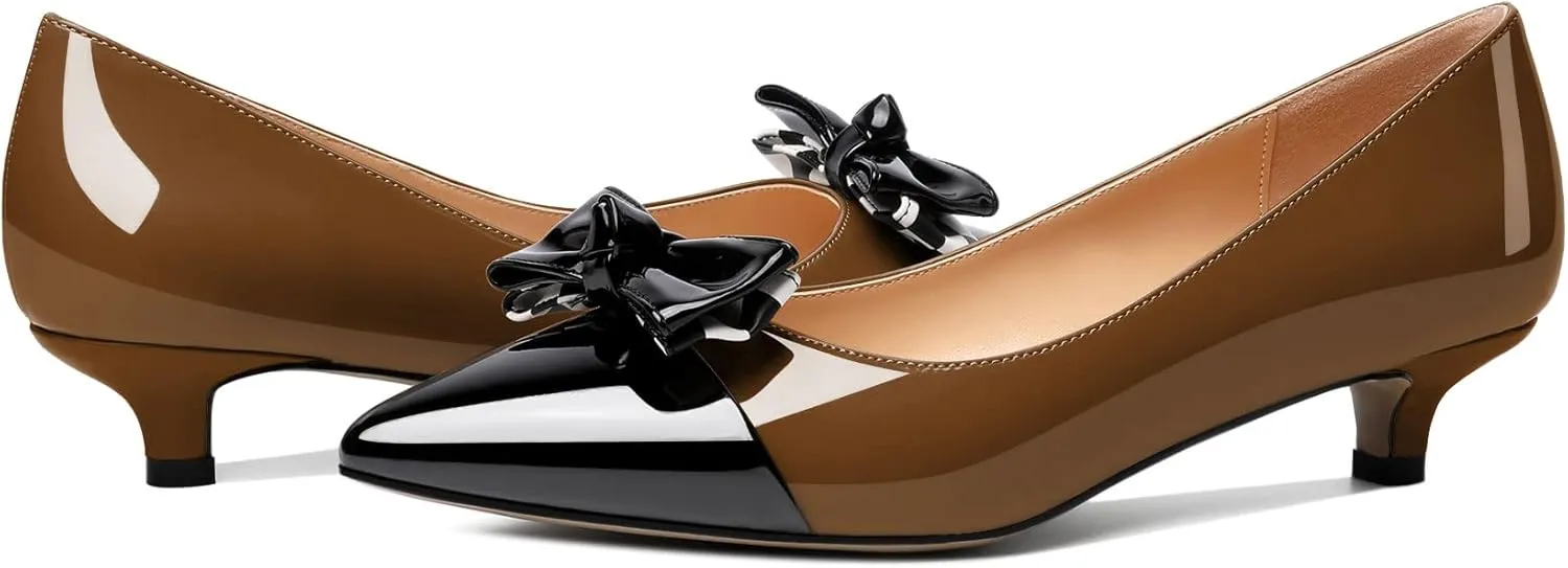 Soireelady Kitten Heels for Women Pointed Toe Low Heel Pumps Slip on Bow Heels 1.5 Inches Two Toned Evening Bride Wedding Party Dress Shoes