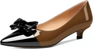 Soireelady Kitten Heels for Women Pointed Toe Low Heel Pumps Slip on Bow Heels 1.5 Inches Two Toned Evening Bride Wedding Party Dress Shoes