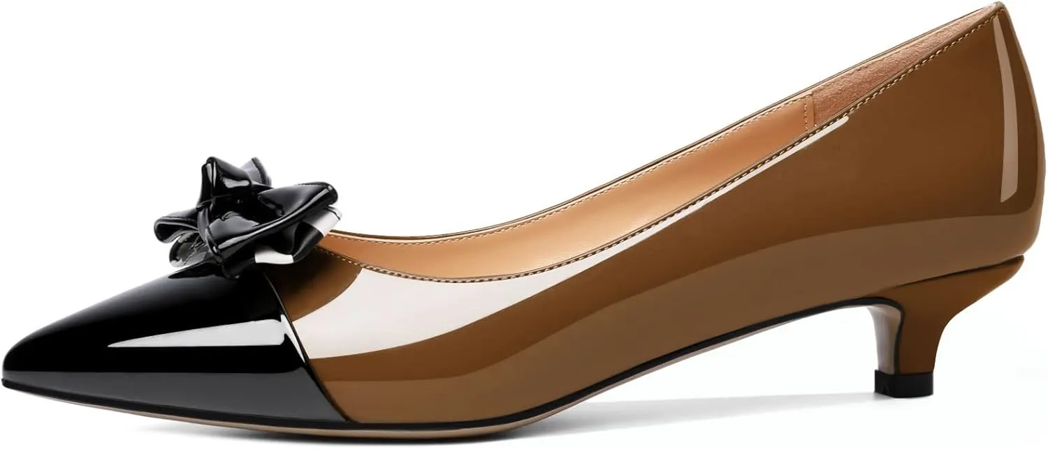 Soireelady Kitten Heels for Women Pointed Toe Low Heel Pumps Slip on Bow Heels 1.5 Inches Two Toned Evening Bride Wedding Party Dress Shoes