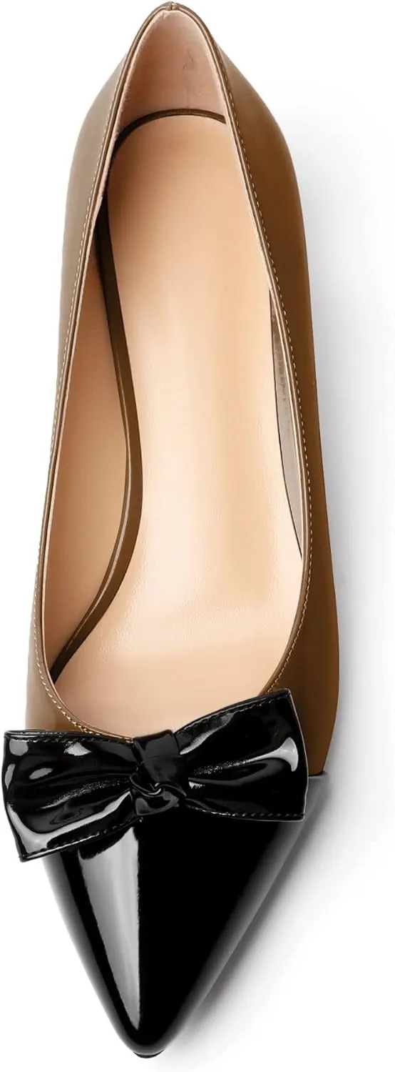 Soireelady Kitten Heels for Women Pointed Toe Low Heel Pumps Slip on Bow Heels 1.5 Inches Two Toned Evening Bride Wedding Party Dress Shoes