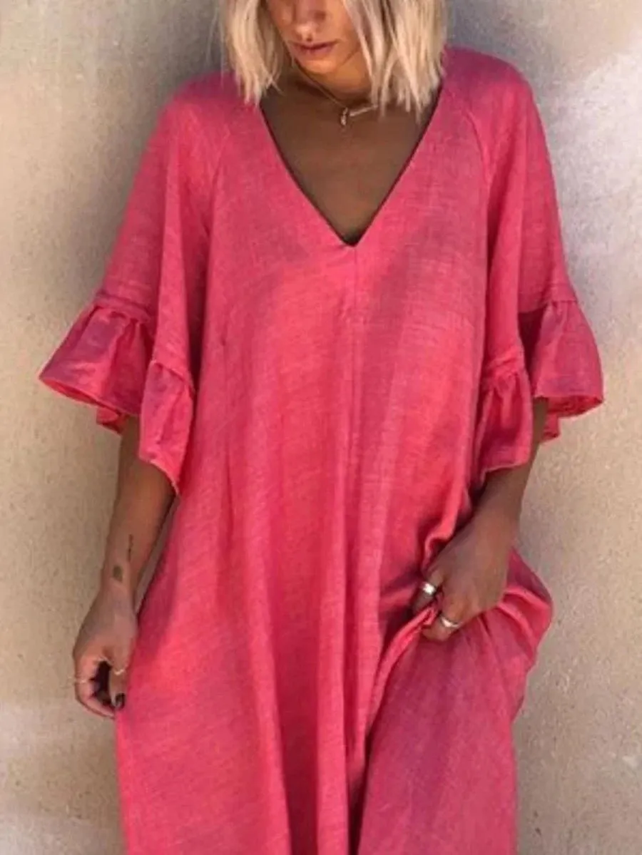 Solid Simple V Neck Midi Dresses