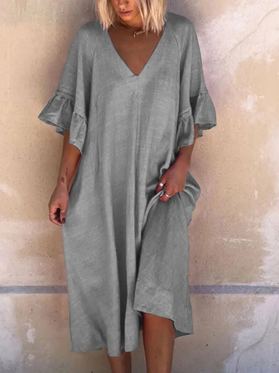 Solid Simple V Neck Midi Dresses