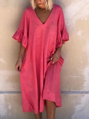 Solid Simple V Neck Midi Dresses