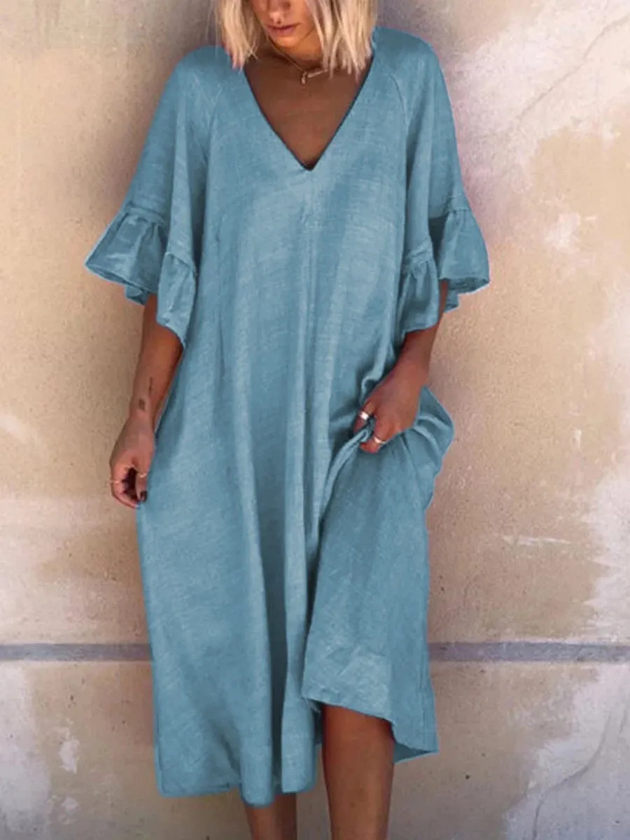Solid Simple V Neck Midi Dresses