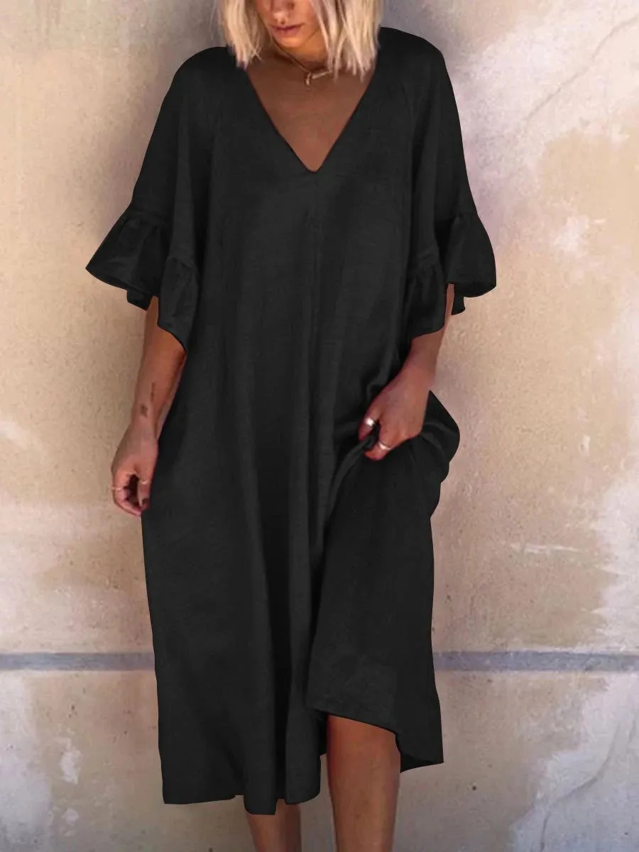 Solid Simple V Neck Midi Dresses