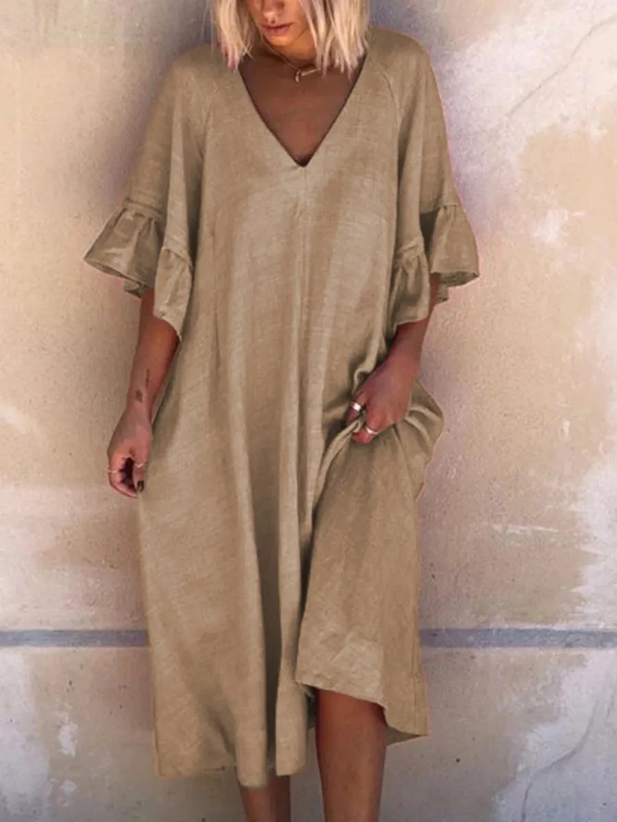 Solid Simple V Neck Midi Dresses