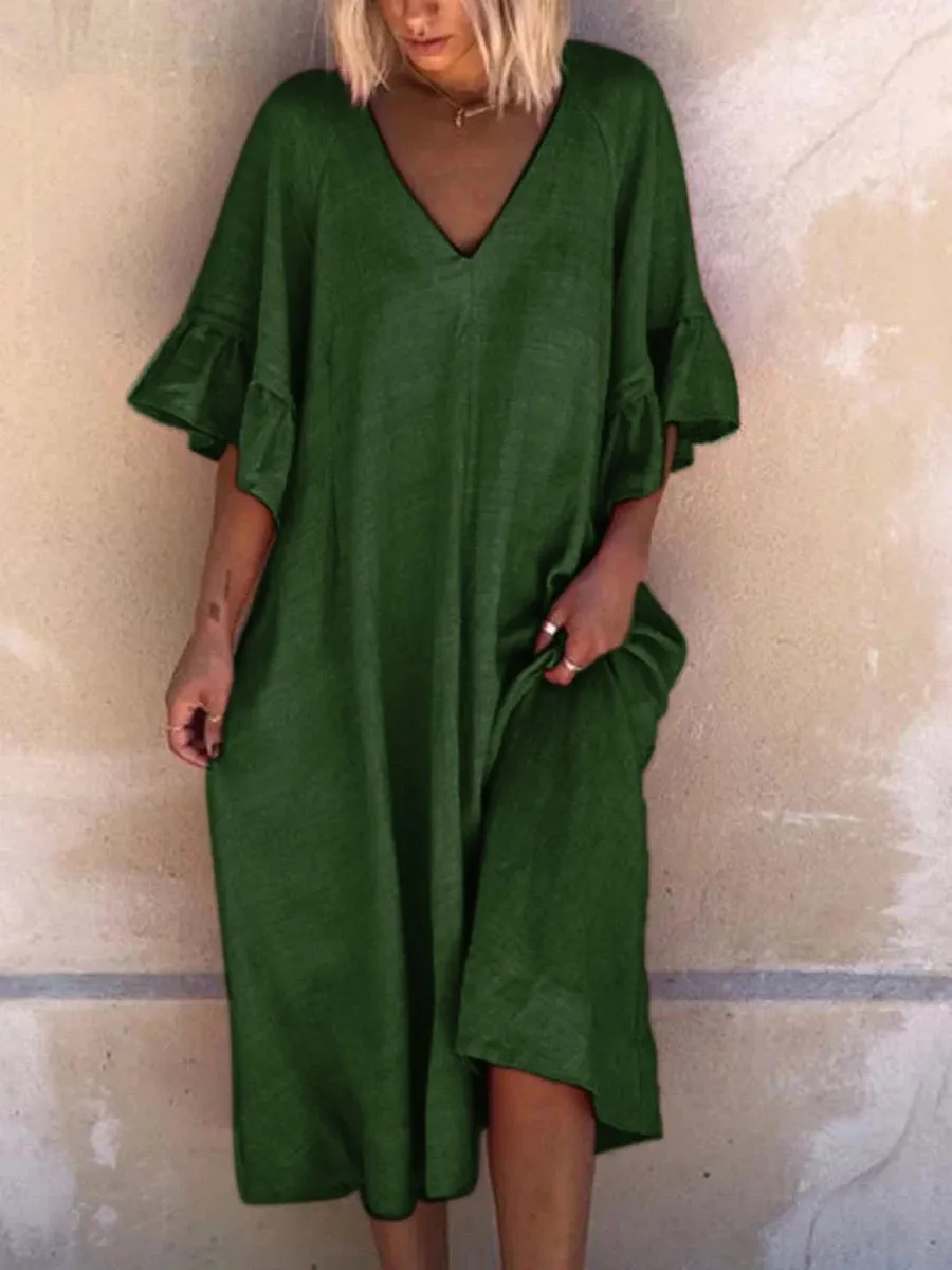 Solid Simple V Neck Midi Dresses