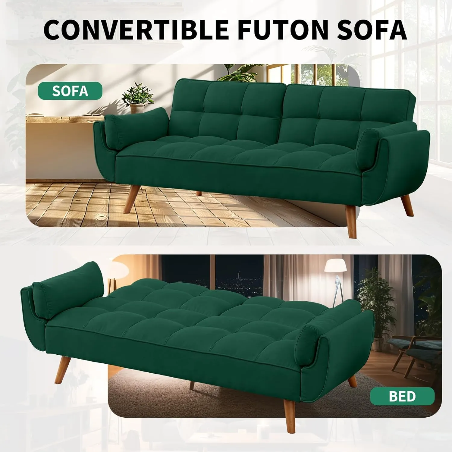 Solid Wood Feet Futon Couch Tufted Convertible Sleeper Sofa Bed Solid Wood Legs Adjustable Backrest Living Room Hemp Sponge S-Shaped Spring Eucalyptus Frame (Green)