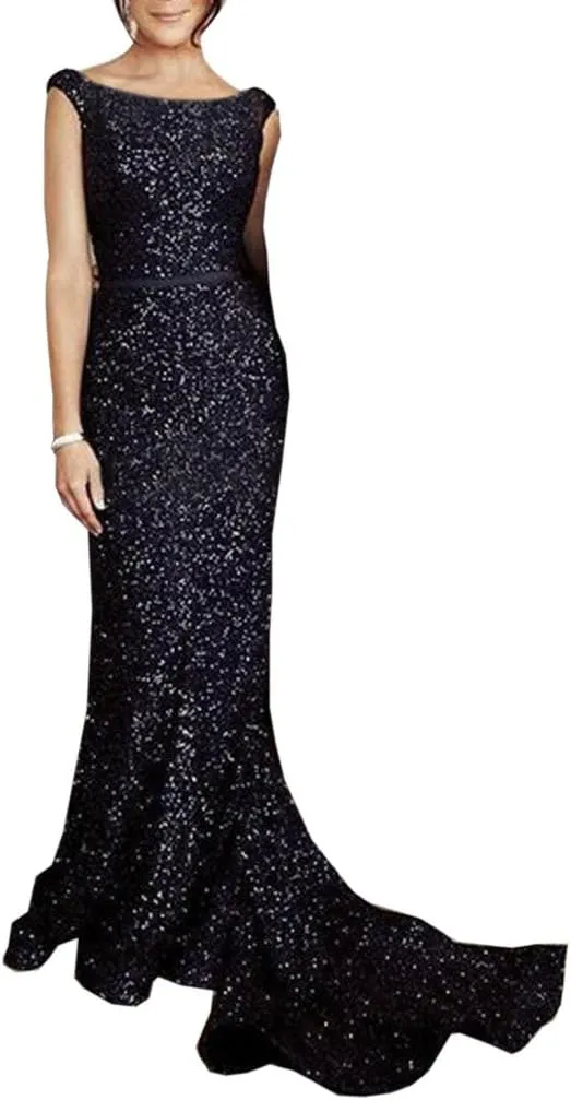 SOLOVEDRESS Women's Mermaid Sequined Formal Evening Dress for Wedding Prom Gown