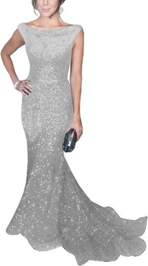SOLOVEDRESS Women's Mermaid Sequined Formal Evening Dress for Wedding Prom Gown