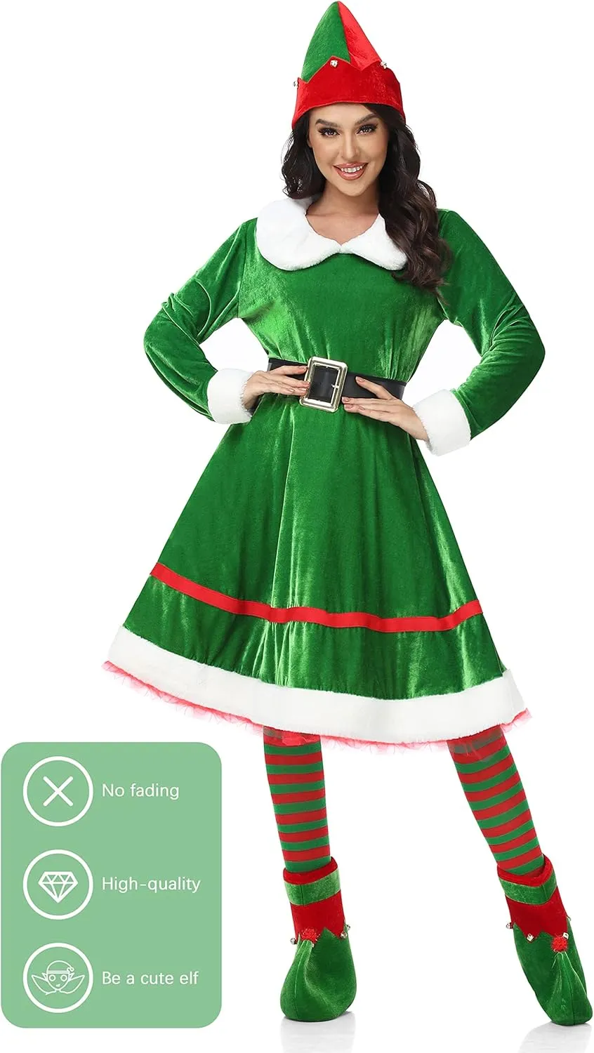SOMSOC 5 Pack Women Christmas Elf Costume Set Velvet Dress Belt Striped Over Knee High Socks Elf Hat Shoes for Cosplay